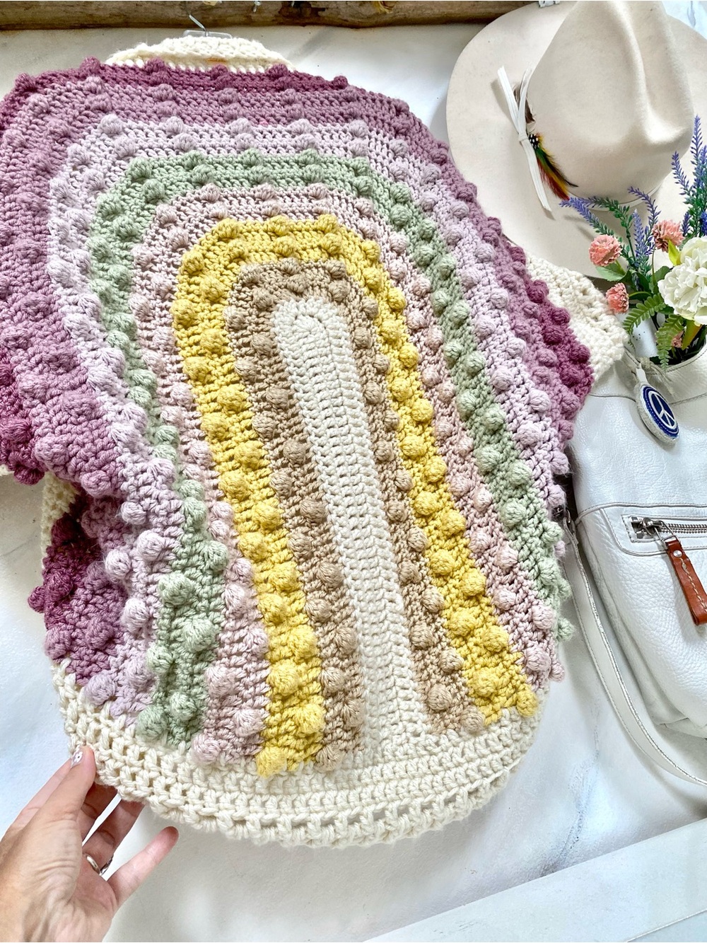 Artisan Rainbow Cocoon shrug kimono w cottagecore prairie granny vibe